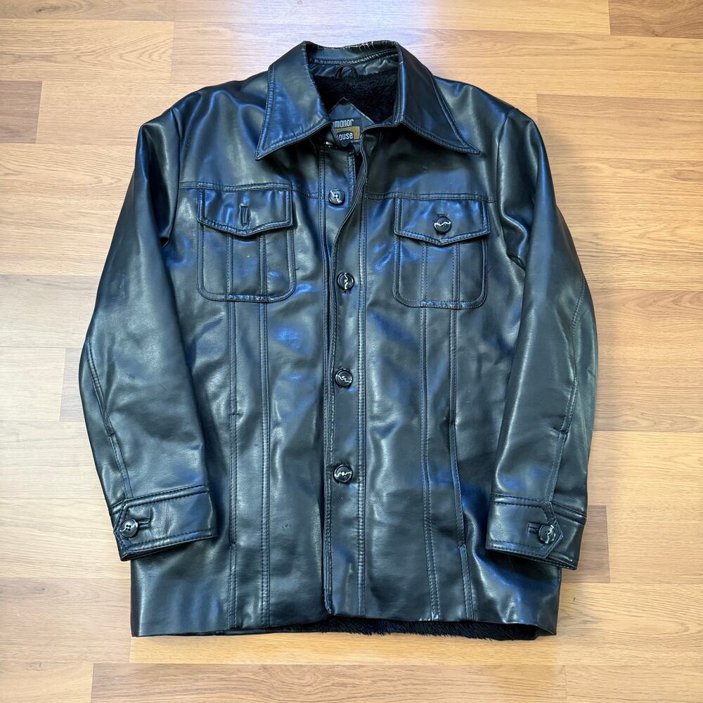 Men's Vintage 80's Manor House Polyvinyl Black Lined Button Up Jacket Sz Medium
